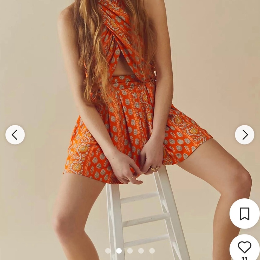 Free People Orange Patterned Halter Romper